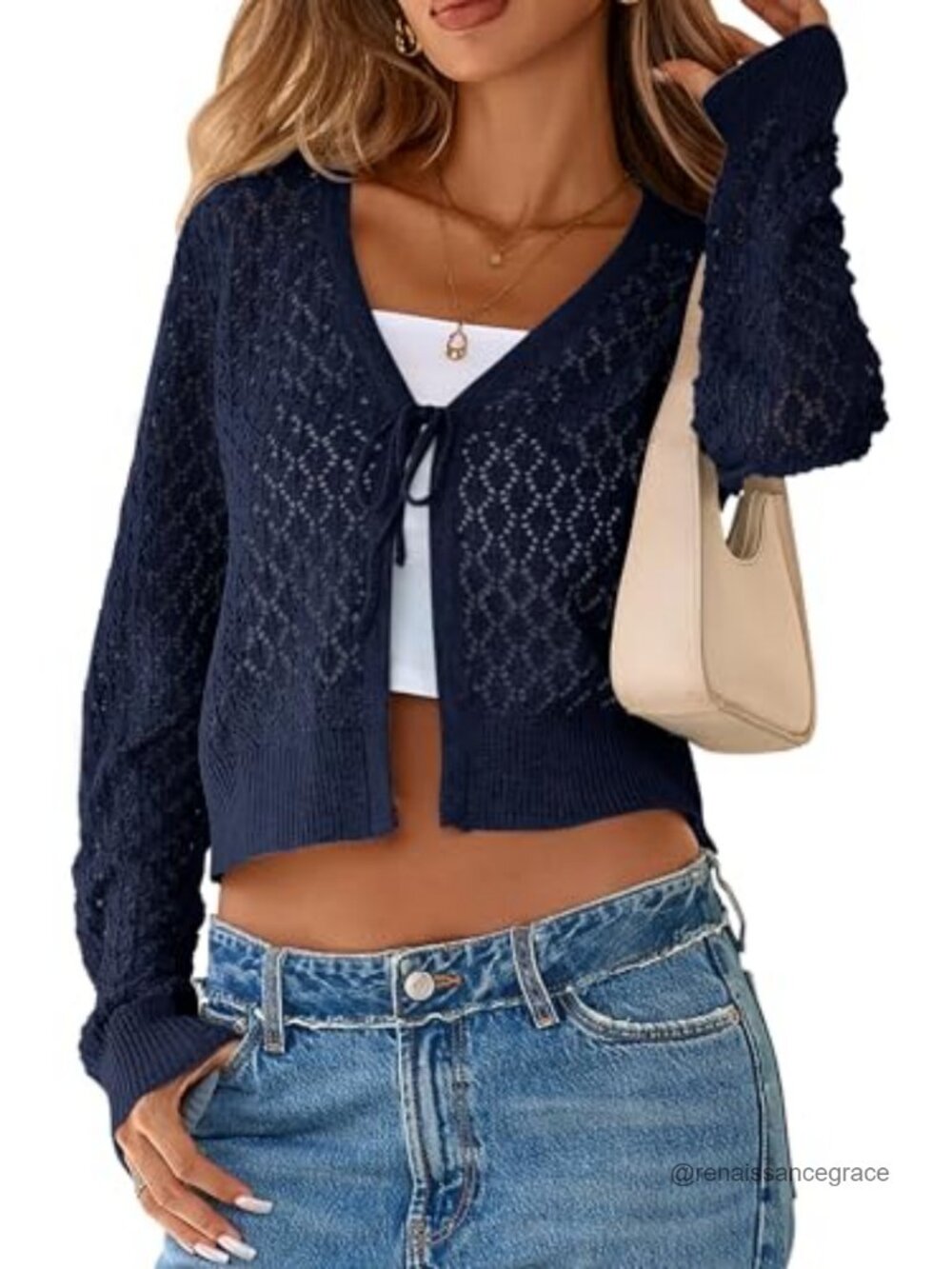 Women's Crochet Shrug Tie Front Long Sleeve Cardigan